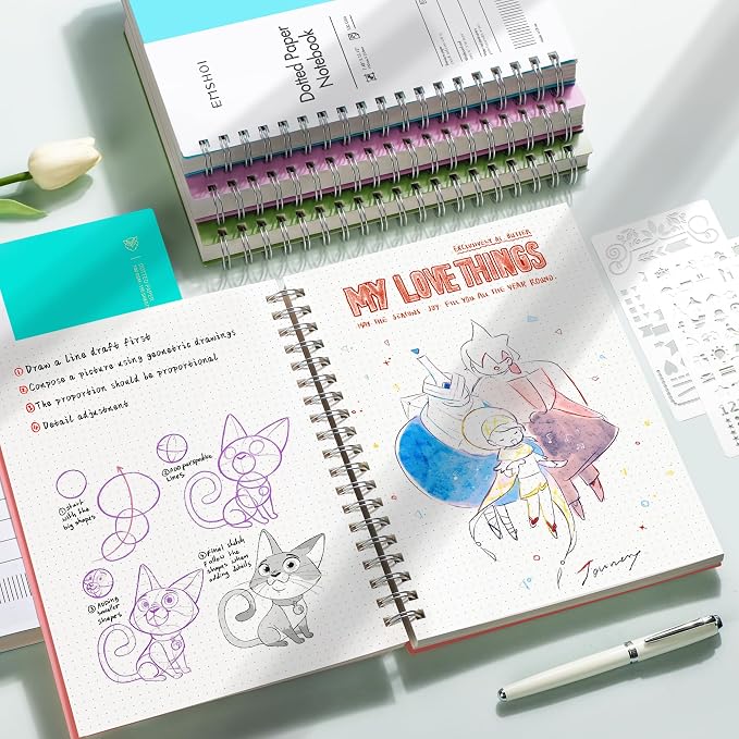 EMSHOI Dotted Journal Spiral Notebook, 300 Pages, B5 Large 7.48"x10.15", 100 GSM Thick Paper, Flexible Plastic Cover, 5mm Dot Grid Notebook for Journaling, Planning, Drawing, Writing, Purple