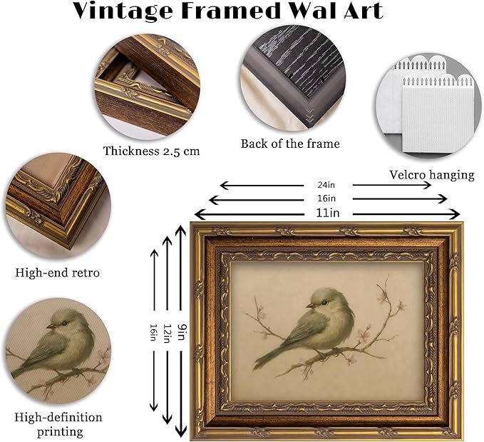 Vintage Gold Framed Wall Art Spring Bird Oil Painting Canvas Print Watercolor Cherry Blossom Picture Wall Decor Rustic Farmhouse Beige Floral Poster Artwork for Nursery Living Room Bedroom