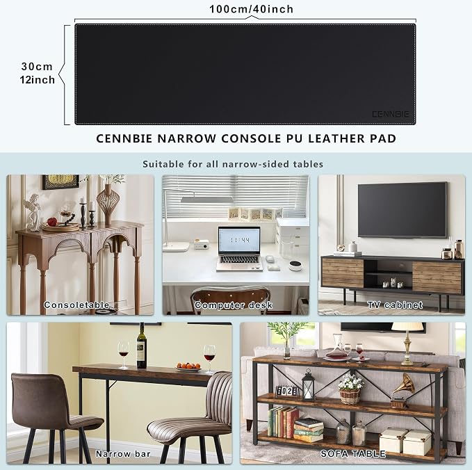 CENNBIE Console Table Leather Cover - 39.4 x 11.8 Inches Sofa Table Narrow Long Mat - TV/Media/Gaming/Center Console Table Protector Pad for Narrow Side Table, Sideboard, Entryway Table (Black)