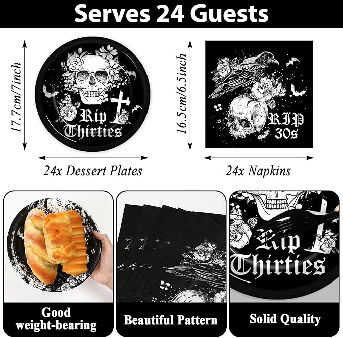 Death To My 30s Birthday Party Supplies Serves 24 Rip 30s Party Decorations 40th Paper Plates Napkins Disposable Black 40th Birthday Tablecloth Set Tableware Kit for My Youth Funeral