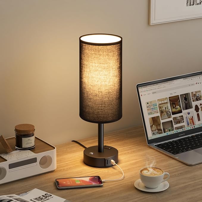 Touch Bedside Table Lamp with Memory - Stepless Dimmable Lamp for Bedroom, Small Nightstand Lamp with Dual USB Charging Ports and AC Outlet, Wood Night Light, Desk Lamp for Nursery, (Black & Black)
