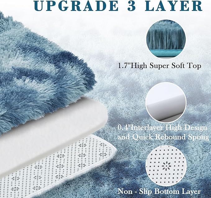 Area Rugs 9x12 Living Room,Large Area Rug Shaggy Carpet Soft Plush Furry Bedside Rug, Machine Washable Area Rugs for Bedroom Home Decor Non-Slip(9 x 12, Dark Blue Tie-Dyed)