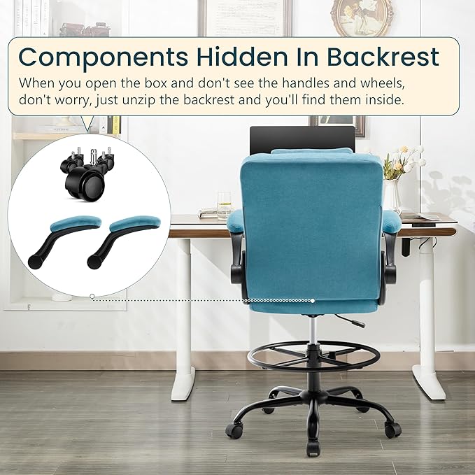 Drafting Chair 500Lbs, Tall Office Chair for Standing Desk, Fabric Executive Office Chair with Flip-up Armrests, Ergonomic High Chair with Adjustable Foot Ring, Comfy Stool Chairs, Blue