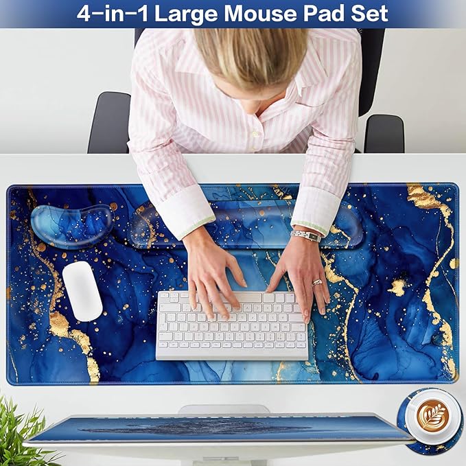 Desk Mat Blue, Large Gaming Mouse Pad with Wrist Rest, 4in1 XXL Mousepad+Keyboard Wrist Rest+Mouse Pad Wrist Support+Cup Coaster Set Ergonomic Computer Desk Arm Wrist for Decor Home Office Women
