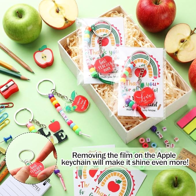 Suncalla 984 Pcs 24 Set Teacher Keychain Making Kit Teacher Charm Gifts Crafts DIY Cute Apple Beads Key Chain Thank You for All You Do Cards Strings Kit Back to School Gift First Day of Party Favors