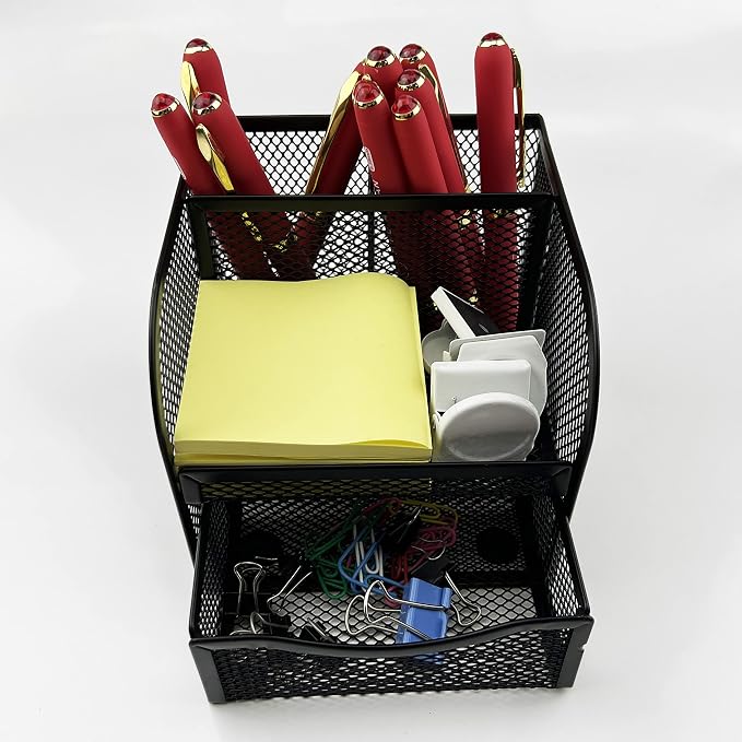 Fengtaiyuan T11, Black Square Metal Wire Mesh Pencil Holder, Pencil Cup, Pen Holder, Desktop Organizer, Office Storage Box (T11)