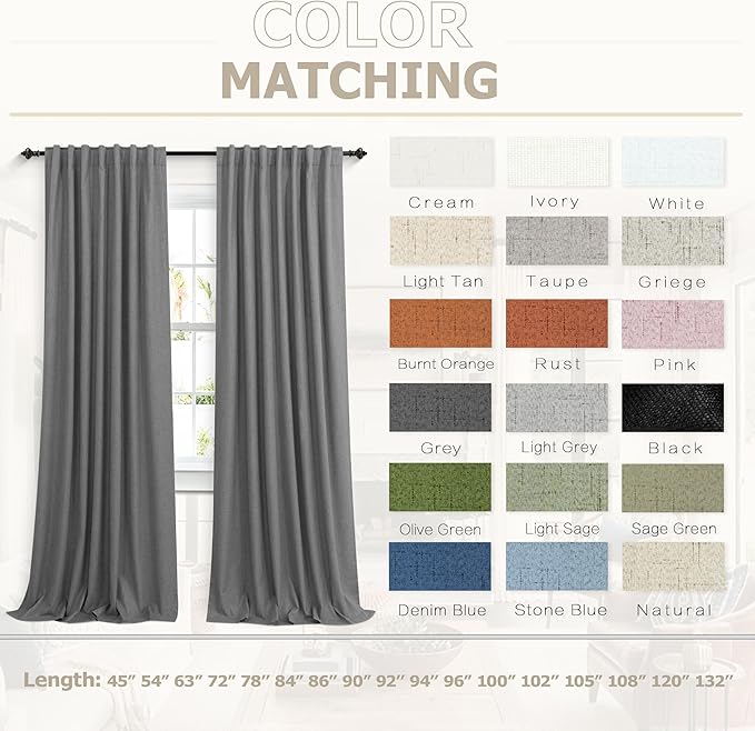 KOUFALL Grey Linen Black Out Curtains 96 Inches Long 2 Panels Set,Blackout Dark Charcoal Gray Gamer Gaming Curtains for Boys Room Bedroom