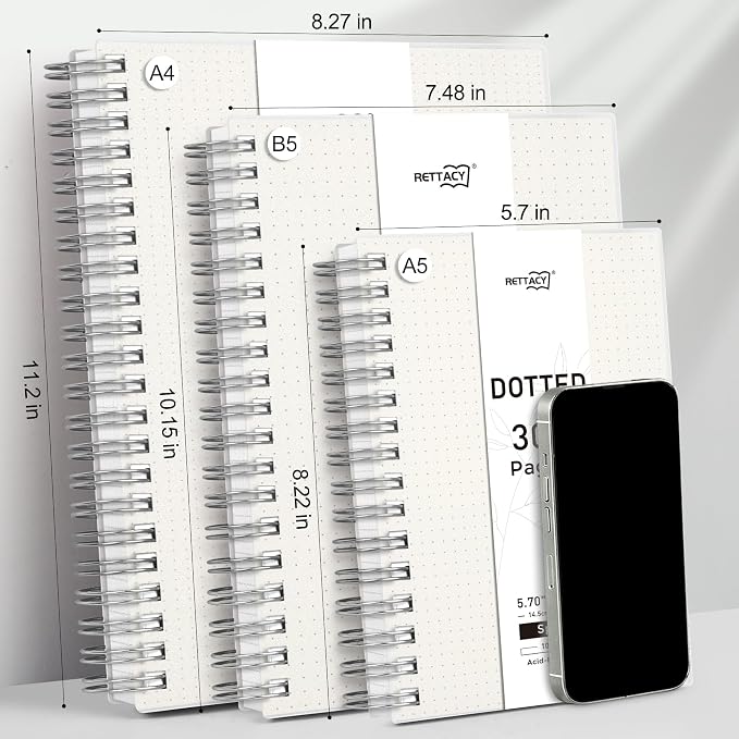 RETTACY Dotted Journal Notebook, 300 Pages, B5 Medium Size (7.4'' × 10''), 100 GSM Thick Paper, Flexible Plastic Cover, Spiral-bound, for Journaling, Planning, Tracking (Transparent)