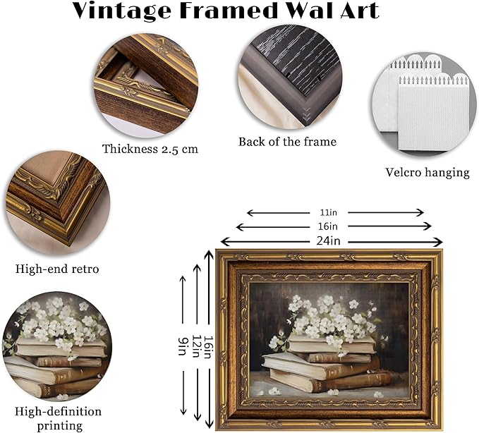 Vintage Gold Framed Wall Art Retro Moody Books and Flowers Oil Painting Canvas Print Dark Academia Decor Rustic Farmhouse Dark Floral Picture Poster Artwork for Study Library Office Bedroom