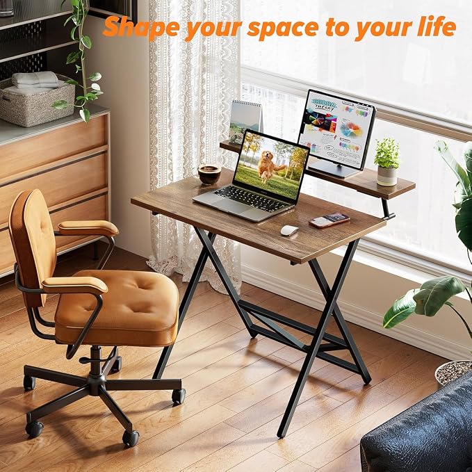 Simple Deluxe No Assembly Folding Desk with Shelf, 2-Tier Compact Computer Table, Space Saving Foldable Table for Home Office, Dorm or Apartment, Portable Collapsible Sturdy Laptop Desk, Brown