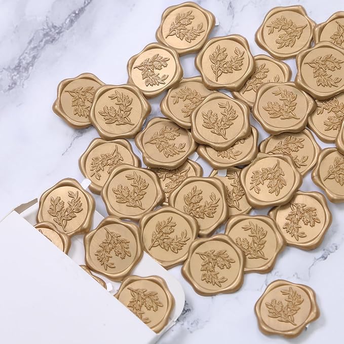 UNIQOOO Wax Seal Stickers - Eucalyptus Wedding Invitation Envelope Seal Stickers, 100 Pcs Self- Adhesive Prosecco Metallic Lignt Gold Stickers, Perfect for Invitation, Christmas, Gift Wrapping