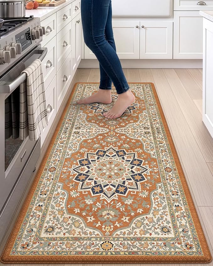 DEXI Kitchen Floor Mats Cushioned Anti Fatigue Runner Rug 23x59 Orange | Soft Comfort Memory Foam, Easy Care, Waterproof, Standing Padded for Front Sink Laundry Office Farmhouse