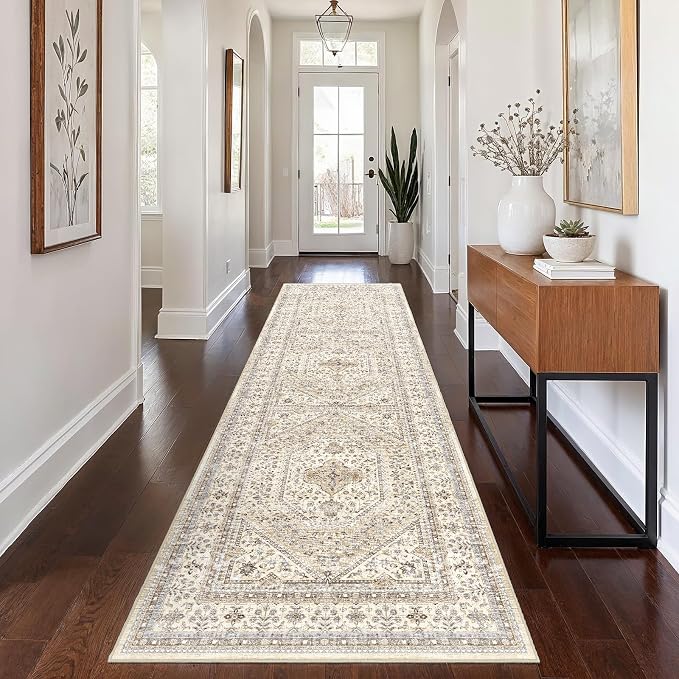 2x8 Runner Rug for Hallway Washable: Non Slip Kitchen Rugs with Rubber Backing Soft Waterproof Wide Mats Stain Resistant Low Pile Carpet for Entryway Bedroom Bathroom Laundry Home Decor Beige/Gray