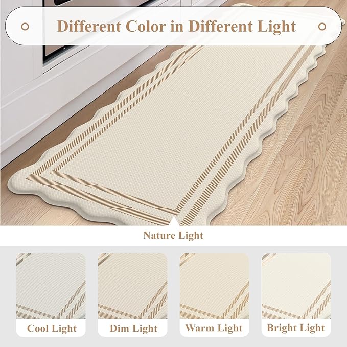 KIMODE Anti Fatigue Kitchen Mats, Padded Kitchen Floor Mats,Boho Kitchen Rugs Sets of 2, Beige Scalloped Rugs for Kitchen Floor, Cushioned Standing Mat for Laundry Office Sink Desk 17"x47"+17"x29"