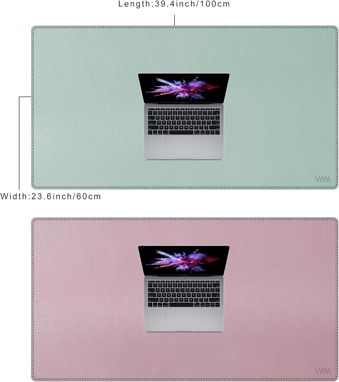 Vyaaa PU Leather Desk Mat, 39.4“ x 23.6” XXL Leather Desk Pad, Waterproof Extra Large Desk Mat, Large Mouse Pad, Desk Mats on top of Desks for Home or Office (Pink & Green)