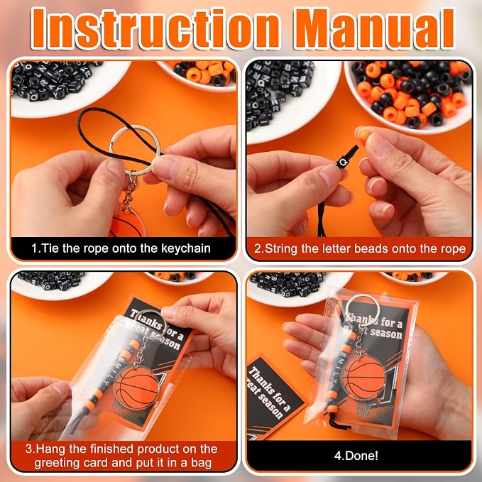 Suncalla 984 Pcs 24 Set Basketball Keychain Making Kit DIY Basketball Bag Tag Sport Key Chain Crafts Adjustable Letter Beads Cards Kit Team Gift Accessories Party Favors for Adult (Orange Black)