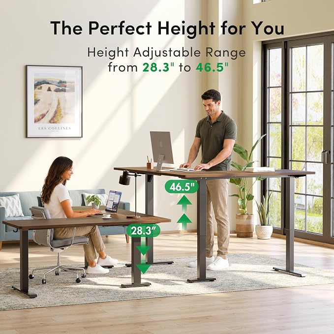 FEZIBO 75" x 63" L-Shaped Standing Desk - Adjustable Corner Desk L Shape, L-Shaped Adjustable Desk with Splice Board, L Shape Standing Desk, Black Walnut