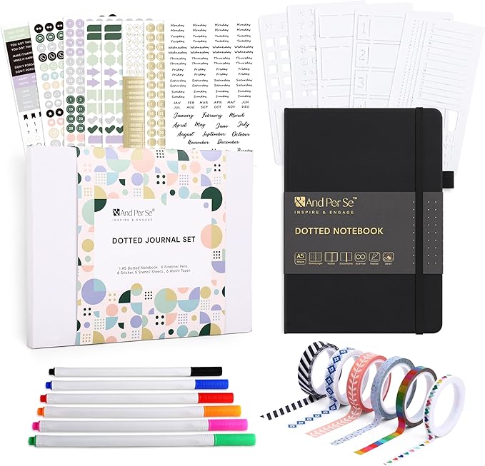 &And Per Se A5 Hardcover Dotted Notebook with 25+ Accessories - 6 Pens, Stickers, Stencils, Washi Tapes & Gift Box Included | Dotted Journal Kit for Beginners, Adults, Premium Gift Set (Black)