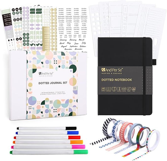 &And Per Se A5 Hardcover Dotted Notebook with 25+ Accessories - 6 Pens, Stickers, Stencils, Washi Tapes & Gift Box Included | Dotted Journal Kit for Beginners, Adults, Premium Gift Set (Black)