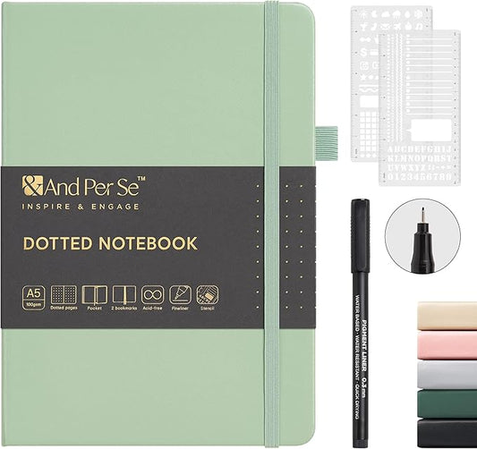 &And Per Se A5 Hardcover Dotted Notebook Kit for Beginners – 176 Numbered Pages, 100gsm Thick Paper, Includes Stencils & Fineliner Pen | Leather Bullet Journal with Templates, Lay Flat Design, Premium Gift for Women Men (Light Green)