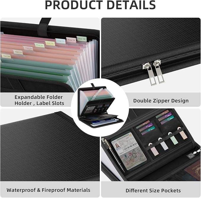 Fireproof Accordion File Organizer, Portable Expanding File Folder with Waterproof Zipper&Labels, Black Document Organizer with 13 Pockets, File Organizer for Important Document/Paper Storage