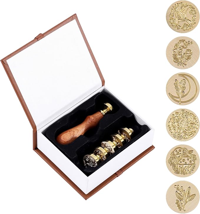 Yoption 6 Pieces Botanical Wax Seal Stamp Set, Vintage Plant Flower Sealing Wax Stamp Heads + 1 Wooden Handle with Gift Box for Wedding Invitation, Christmas, Gift Idea