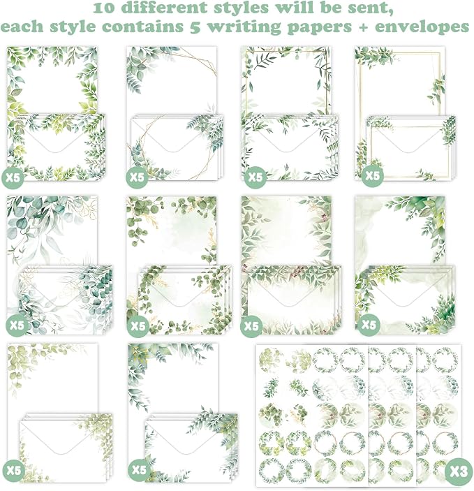 160 Pcs Stationery Paper Envelopes Set Includes 50 Writing Paper & 50 Envelopes with 60 Colorful Round Dot Stickers, Cute Vintage Tree Leaf Letter Writing Stationery Paper Envelopes(10Style)