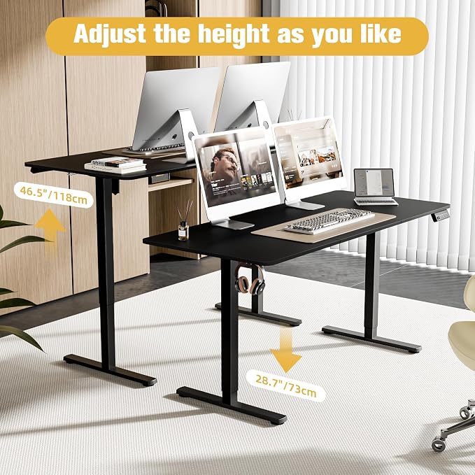 63"x28" Standing Desk, Height Adjustable Sit-Stand Home Office, Black | Electric Adjustable Standing Desk, Sit to Stand Computer Office Desk with Splice Board, Memory Preset, Lifts 28.7''-46.5"