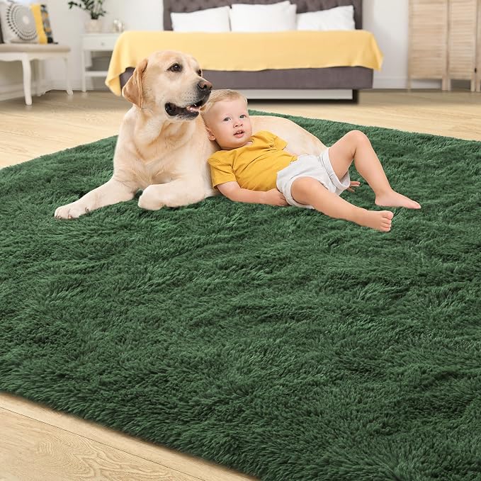 Tepook Fluffy Dark Green Rugs for Living Room Bedroom, 4x6 Soft Area Rug Forest Hunter Green Kids Girls Boys Rug, Indoor Plush Shaggy Non-Slip Carpet for Nursery Classroom Dorm Home Decor
