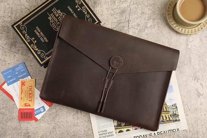 Genuine Leather Folder Portfolio, Leather File Folder Organizer，Envelope Document Holder for Men&Women, Personalized Folio Laptop Sleeve Case for 15" Laptops, Tablets