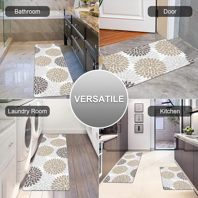 HEBE Anti Fatigue Kitchen Rugs Set of 2, Cushioned Kitchen Mats for Floor | Non Slip Washable Kitchen Runner Rug Set, Floral Stain Resistant Waterproof Comfort Mat Carpet for Sink, Standing Desk