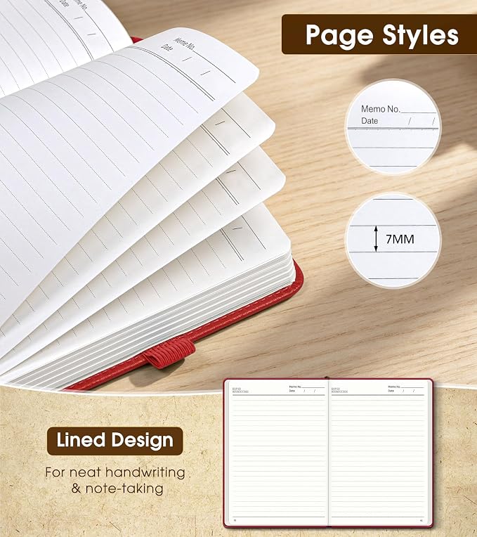 Lined Journal Notebook, A5 Hardcover Leather Journals for Writing, 160 Numbered Pages, 5.7'' x 8.3'' Journaling Notebooks for Men Women, Thick Paper College Ruled Journal for Work Office School, Red