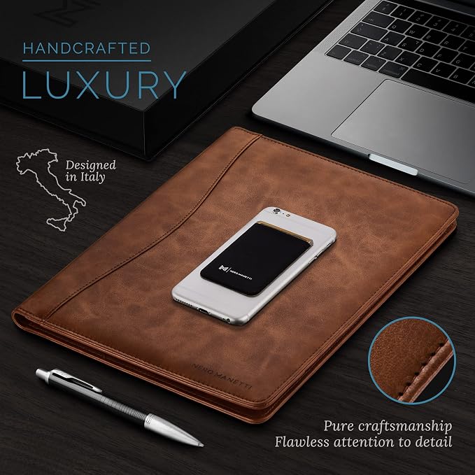 Nero Manetti - Leather Portfolio Folder - Business PU Leather Notepad Holder for Resumes, Legal Pad Executive Binder, Professional Padfolio Notebook for Women/Men (Brown)