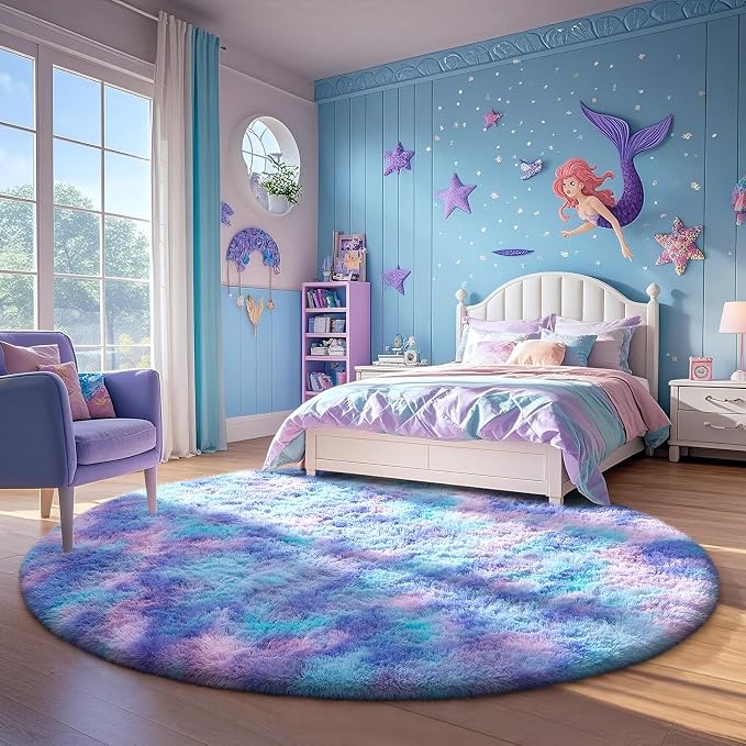 Ophanie Round Rugs 5Ft Tie-Dye Rainbow Purple Area Rug,Aesthetic Room Decor,Fluffy Fuzzy Bedroom Carpet,Plush Soft Shaggy Living Room Rugs for Kids Home,with Over 999 pcs Non-Slip Backing Pattern