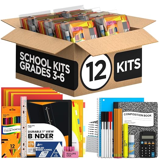 12 Pack Bulk School Supplies for Kids Classroom Must Haves Teacher Supplies Back to School Kids Grades K3-6 145 Pieces All-in-One Set