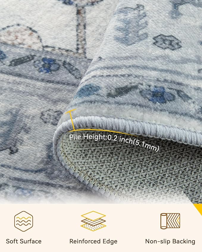 RELEANY Area Rugs Round 7ft Washable Non-Slip, Floral Vintage Distress Medallion Carpet for Living Room Bedroom Dining Room, Light Blue Navy Gray White