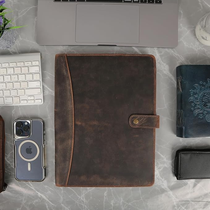 KomalC Leather Portfolio Folder with Luxury Pen and Button Closure | Business Padfolio for Professionals | Vintage Organizer with Legal Pad Holder & Card Slots (Distressed Tan)