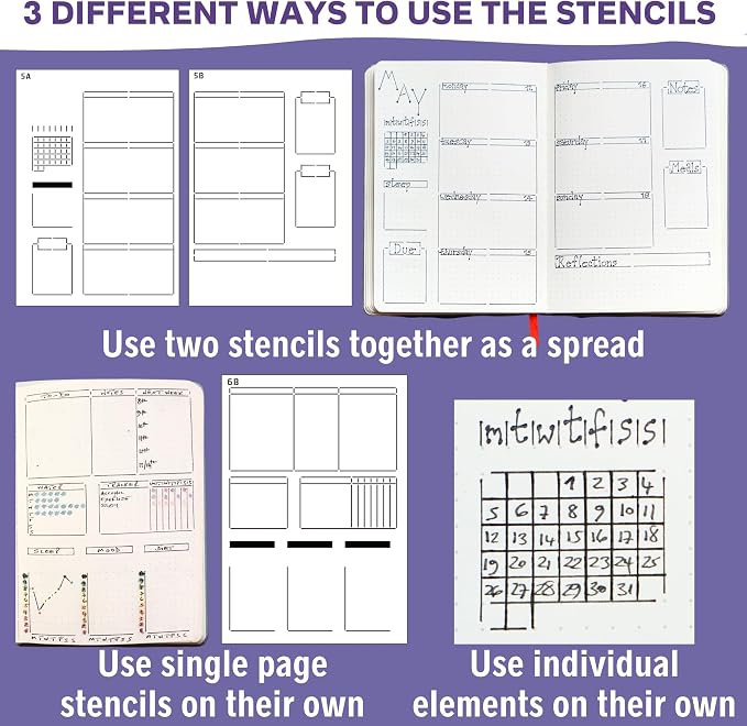 Speedy Spreads Journal Stencils (Weekly Layouts #2) - x6 Stencils for A5 Bullet Dot Grid Journal Notebook, Save Time on Full-Page Layouts, DIY Planner Templates for Productivity by Sunny Streak