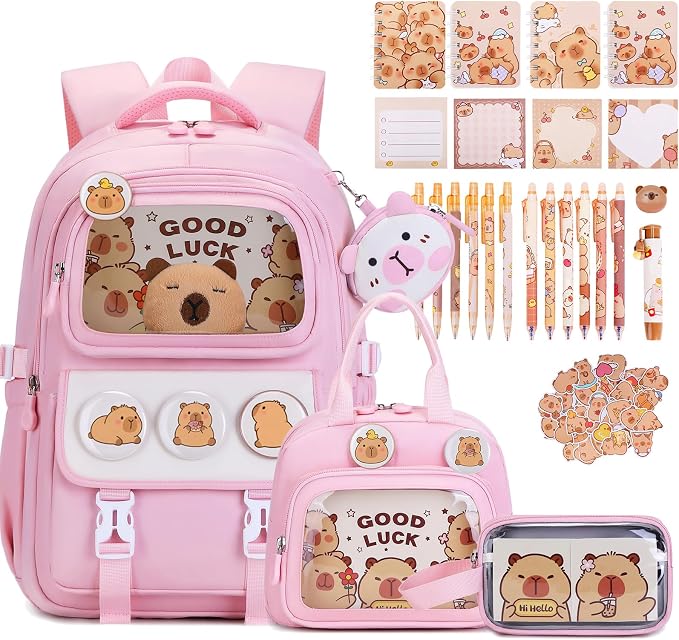 Capybara Backpack for School Girls, 30PCS Capybara Gifts School Supplies Stationery Set with Lunch Box Pencil Case Pens Pencils Notebook Cartoon for Kindergarten Elementary Student(Pink)