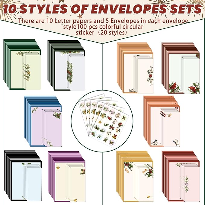 250Pcs Stationery Paper and Envelope Set with 100 Letterhead Papers and 50 Envelopes, 10 Design for Letter Writing Invitations Computer Holidays Party Notes, 8.5x11 Inch-Holy