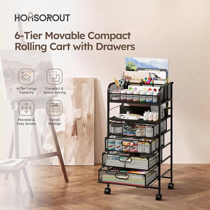 Rolling Art Cart with 4 Drawers, Black | Art Supplies Organizer, 5-Tier Storage, Adjustable Dividers, Anti-Pull Mesh Drawers, Metal Frame, 4 Casters with 2 Locks