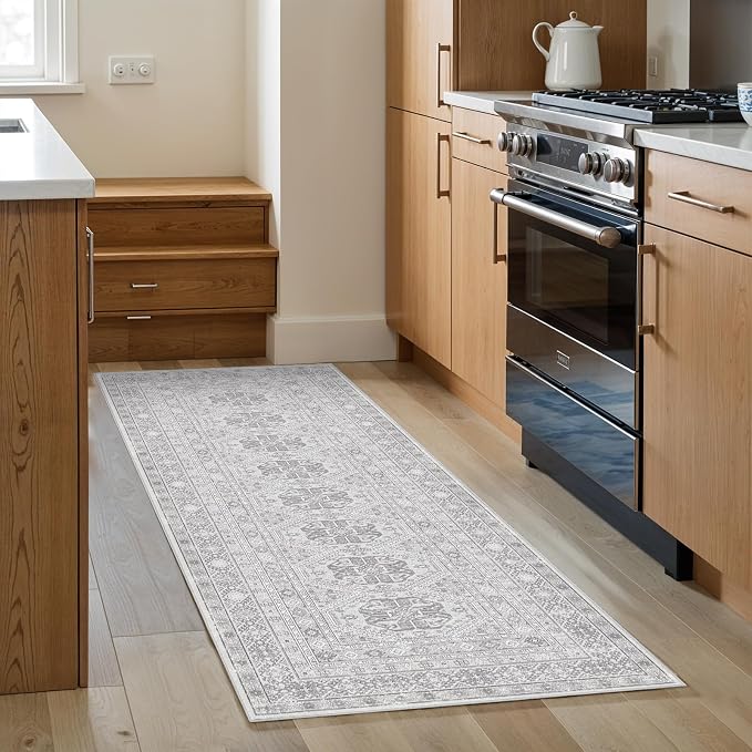 2x5 Runner Rug Kitchen Washable:Oriental Indoor Hallway Runners with Non Slip Backing Floor Mat for Entryway Door Low Pile Thin Carpet for Bedroom Bathroom Living Room Bedside (Grey, 2x5)