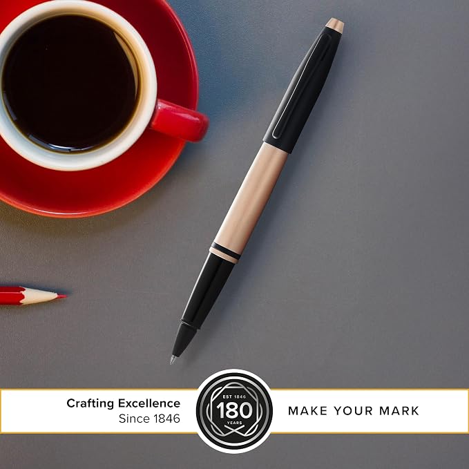 Cross Calais Brushed Rose Gold Plate and Black Lacquer Rollerball Pen - High-End Pen for Everyday Use - Professional Desk Essential - Smooth Writing - Durable Construction - Black Ink