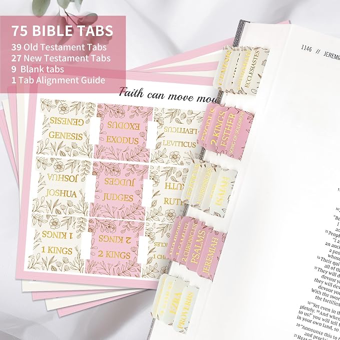 Bible Tabs for Women & Men, Bible Tabs for Study Bible, Large Print Bible Tabs for Easy Navigation, Bible Index Tabs, 66 Tabs Old & New Testament, Extra 9 Blank Tabs - Sketch Floral