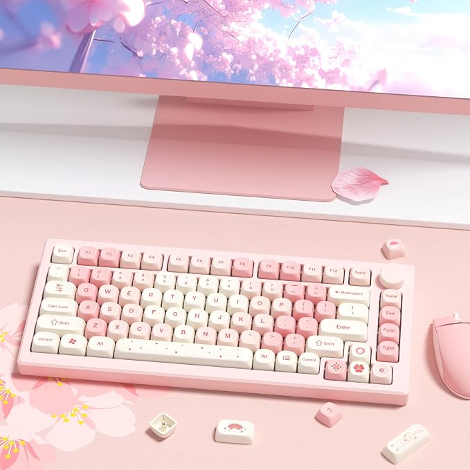 dagaladoo Cute PBT Keycaps Set,Pink Cherry Blossom,MOA Profile keycaps 60 75 100 Percent,Dye-Sub 133-key Custom Keyboard Keycap for TKL US Layout Mechanical Keyboard(only keycaps)