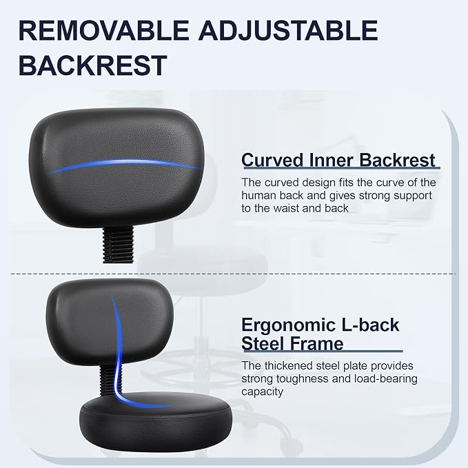 Brick Attic Drafting Chair with Backrest – Adjustable Foot Rest Rolling Stool with Wheels, PU Leather Swivel Stool for Office Spa Studio Lab Counter Salon Home Work Bar Kitchen Shop(Black), Pack of 2