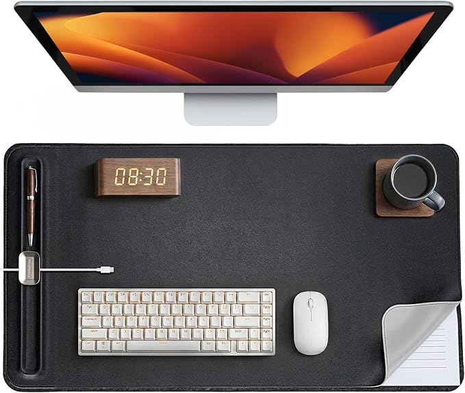 Premium Double-Sided Faux Leather Desk Pad – Non-Slip, Waterproof, with Magnetic Cable Organizer & File Storage – Designed for Offices & Creative Spaces – Durable & Easy to Clean（Black）