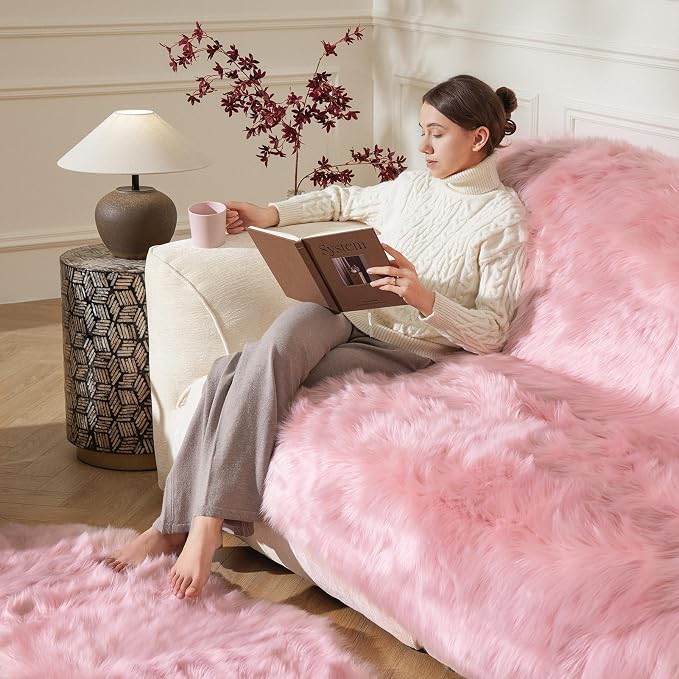 Ashler faux fur rug, Fluffy Shaggy Area Rug Ultra Soft 2 x 6 Feet Sheepskin Fur Rug, Pink Fuzzy Rug Machine Washable Shag Rug, Nursery Decor Throw Rugs for Bedroom, kids room, Living Room