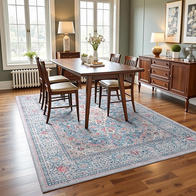 4x6 Blue Washable Boho Area Rug for Bedroom, Vintage Floral Non Slip Living Room Rugs, Soft Low Pile Indoor Mat, Aesthetic Pattern Carpet for Kitchen, Dining Room and Bedside
