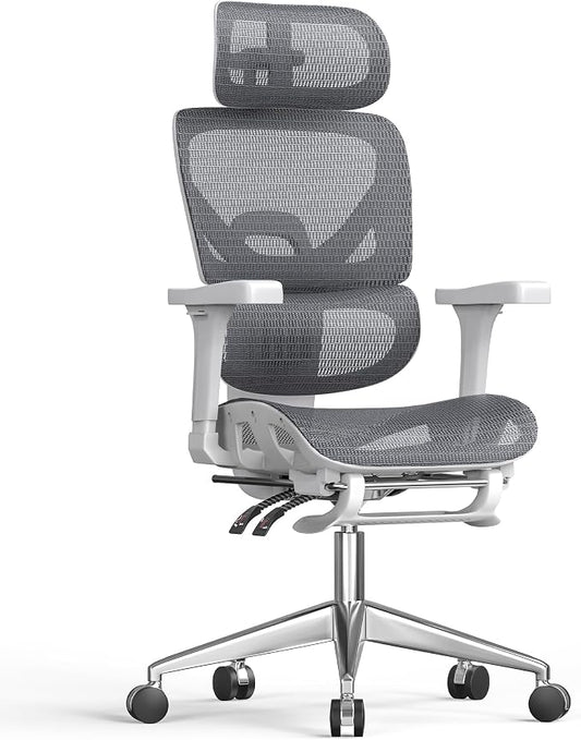 naspaluro Ergonomic Office Chair High Back for Home, Work and Gaming Grey | Mesh Desk Chair with Adjustable Lumbar Support, 3D Headrest and Armrests, Footrest, Swivel Computer Chair 350lbs Capacity